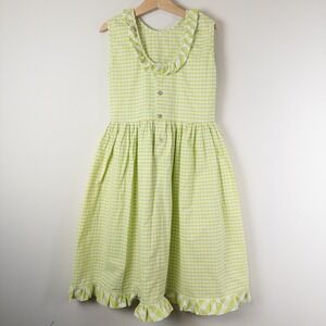 Old World Linens Gingham Dress Kids 8 Lime Green Ruffle Poplin Button Front